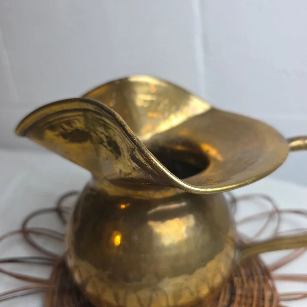 Vintage Hammered Brass Pitcher Decorative Gold Vase Flared Spout Rustic Decor